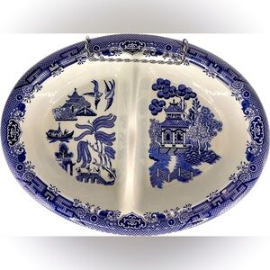Blue Willow Churchill Transferware Divided Oval Vegetable Dish/Serving Bowl Vtge